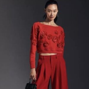 Maeve Anthropologie Cropped 3-D Floral Sweatshirt Red Medium NWOT